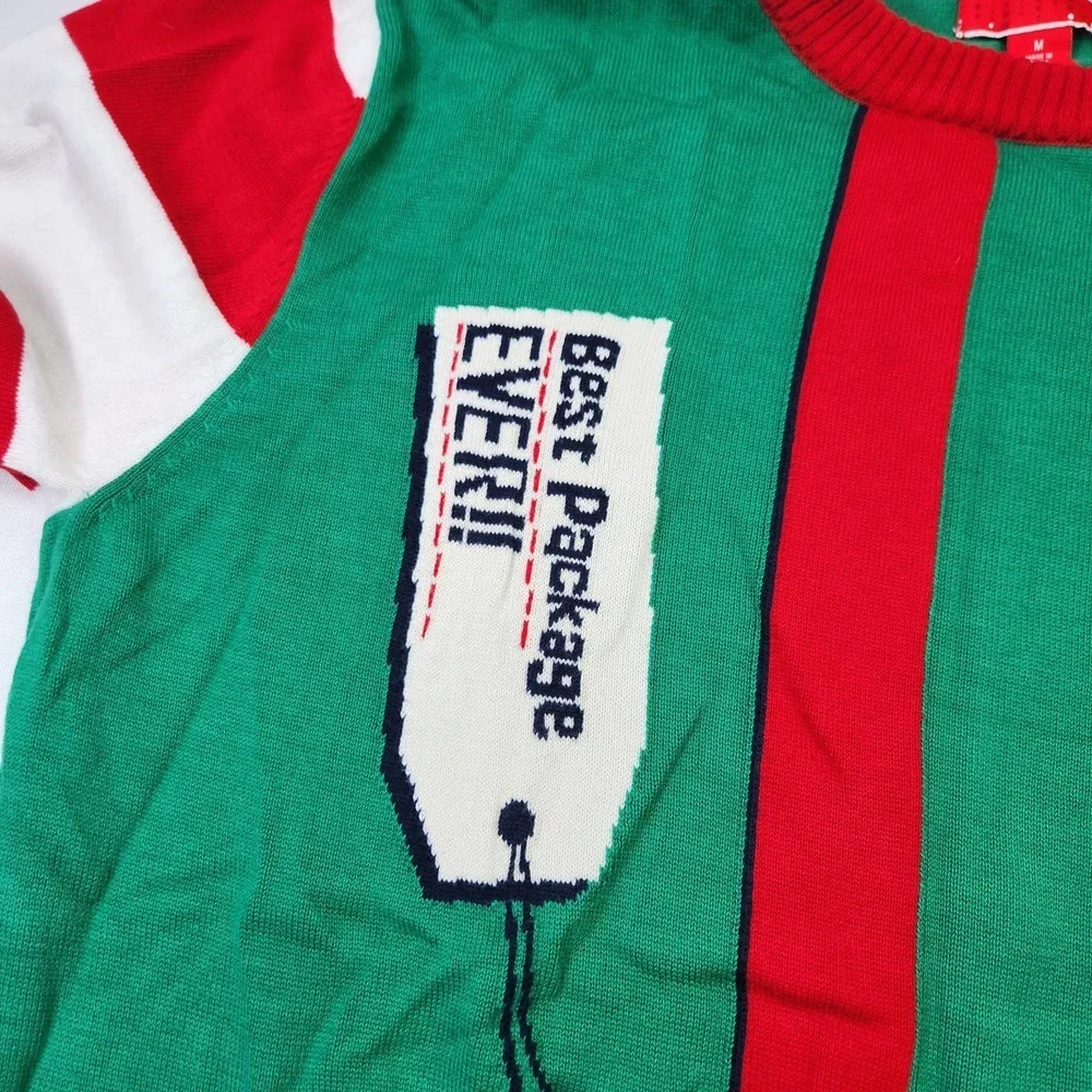 Unbranded Ugly Christmas Sweater Mens Medium Green Red Striped Gift Bow Funny